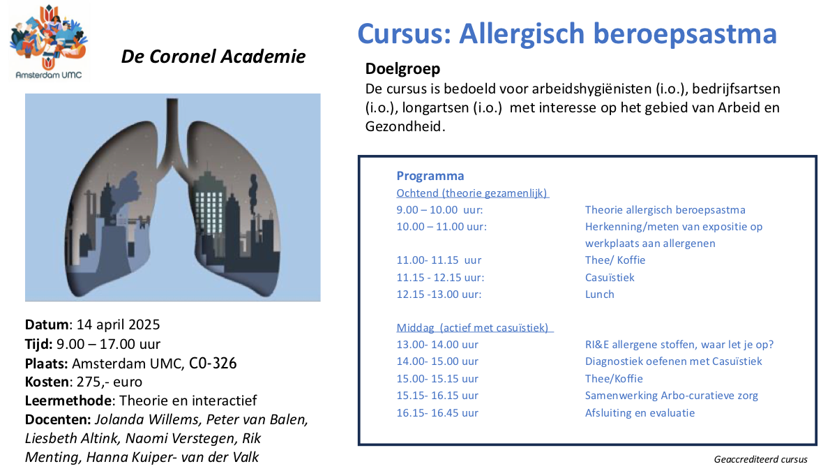 Cursus Allergisch Beroepsastma 14 april 2025 Amsterdam UMC